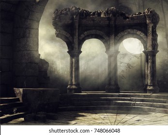 Fantasy full moon scene with old abandoned ruins. 3D illustration.
