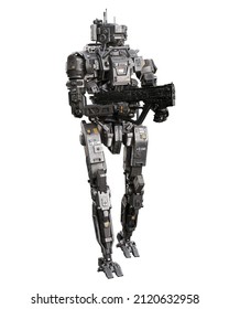 Fantasy Futuristic Cyberpunk Droid Robot Walking And Firing A Submachine Gun. 3D Illustration Isolated On White Background.