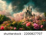 Fantasy garden castle with many flowers, roses and clouds illustration art