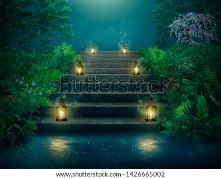 Fantasy garden with lanterns iluminating the stair. Photomanipulation, 3D rendering. Imagine de stoc © 