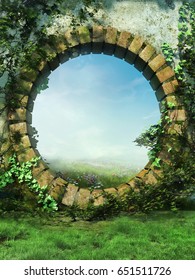 Fantasy Garden Wall With A Round Gate And Spring Ivy. 3D Render.