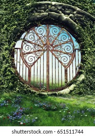 Fantasy Gate In A Garden With Spring Flowers And Vines. 3D Illustration.