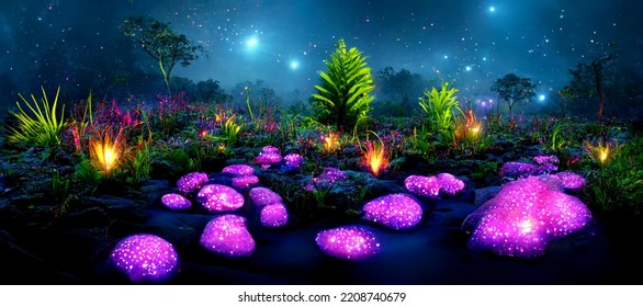 Fantasy Glowing Purple Plants In Forest With Lights In The Background. 3D Rendering