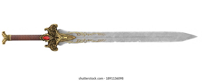 fantasy golden sword with long blade on isolated white background. 3d illustration