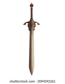 Fantasy golden sword with long blade on isolated white background 3d illustration