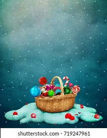 Fantasy Holiday Greeting Card For Christmas With Gift Basket. 