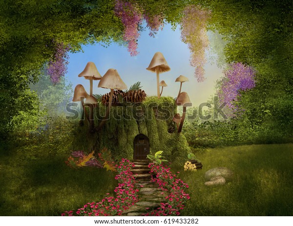 Fantasy House On Tree Trunk Mushrooms Stock Illustration 619433282 ...