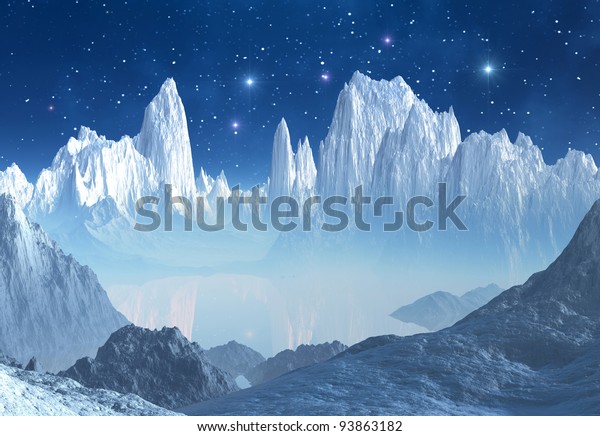 ファンタジー アイス プラネット 氷 雪 山を持つ空想的な異星の