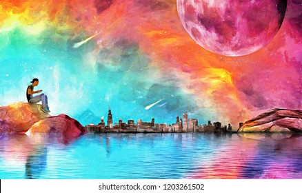 fantasy illustration of alone boy and galaxy, moon,  city, sea,  sky, space