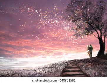 Fantasy Illustration With Beautiful Sky, Stars.  Woman And Man Under An Tree Looking At The Sunset, Cute  Landscape. Painting. Floral Meadow And Stairs