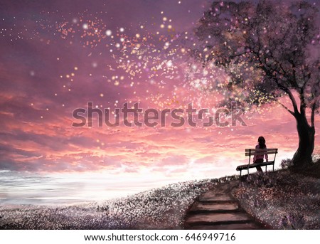 Fantasy illustration with beautiful sky, stars.  girl is sitting on a bench under an tree and looking at the sunset, cute  landscape. Painting. floral meadow and stairs