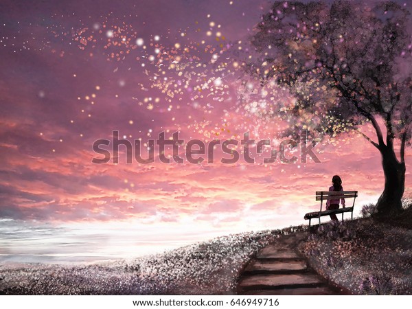 美しい空 星を持つファンタジーイラスト 女の子は木の下のベンチに座り 夕焼けの かわいい景色を見ている 絵 花の牧草地と階段 のイラスト素材