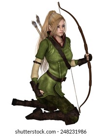 Fantasy illustration of a blonde female elf archer with bow and arrows dressed in green and brown, kneeling down, 3d digitally rendered illustration isolated on white