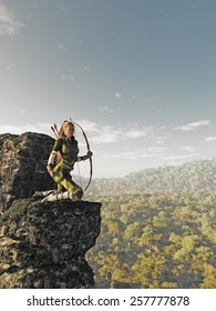 Fantasy illustration of a blonde female elf archer with bow and arrows dressed in green and brown, kneeling on a rocky cliff and keeping watch above the forest, 3d digitally rendered illustration
