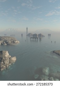 Fantasy Illustration Of The Drowned Ruins Of The Lost City Of Atlantis In The Ocean, 3d Digitally Rendered Illustration