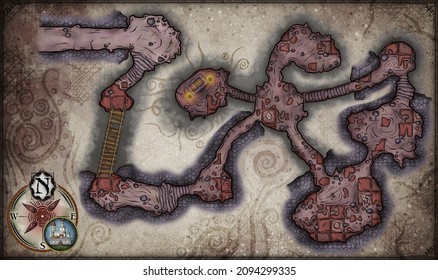 Fantasy Illustration Of A Dungeon Map For TTRPG Games Or Similarly Based Fantasy Publications.