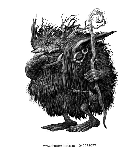 妖精の森のキャラクターを描いた空想のイラスト トロール ゴブリンは 長い髪の毛を持ち 角を持ち 手に魔法の杖を持つ のイラスト素材