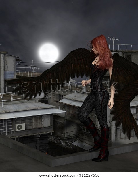 Fantasy Illustration Female Urban Guardian Angel Stock Illustration