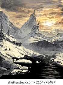 Fantasy Illustration Of An Impressionist Landscape In Winter With Mountains And A Sunset, Digital Art, Painting	