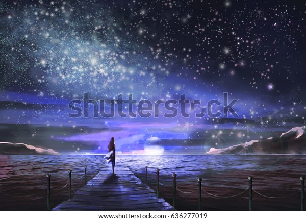 星々は 天の川を描いた空想のイラスト ドレスを着た女の子は海の埠頭に立ち 宇宙の風景を見ている 絵 のイラスト素材