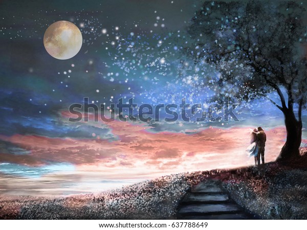 夜空と天の川を描いた幻想イラストは 月を描いたものです 木の下の空間の風景を見る女性と男性 花の牧草地と階段 絵 のイラスト素材