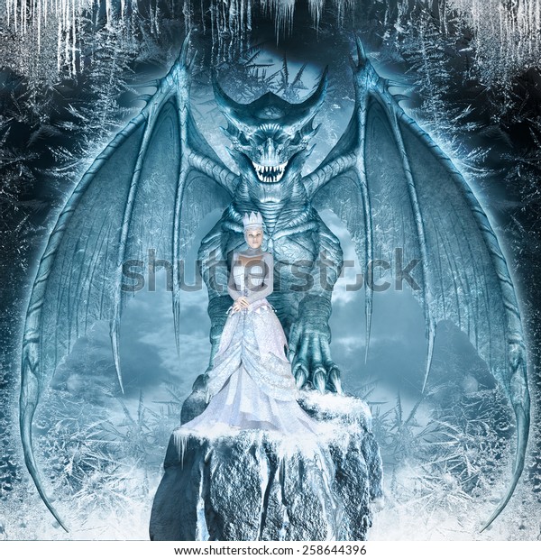 氷に覆われた岩の上に青いドラゴンと雪の女王を持つファンタジー画像 のイラスト素材
