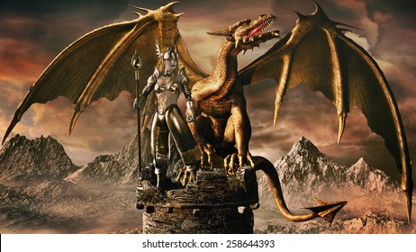 Fantasy image with old stone tower, sorceress and dragon