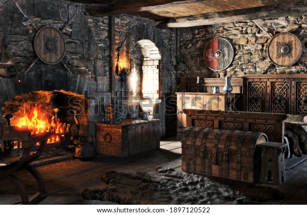 Fantasy interior of a\
medieval bedroom with traditional decorations and a cozy fireplace\
. 3d rendering