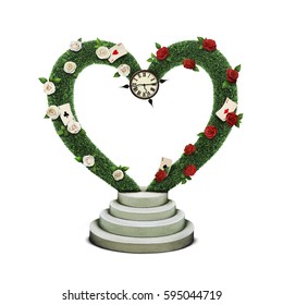 Fantasy Isolation Green Tree Topiary Arch With  Fancy Watch On Podium With Red And White Roses And Cards. 