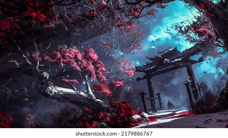 Fantasy Japanese Samurai Forest Digital Art Landscape Wallpaper 4K