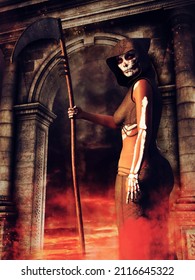 Fantasy Lady Death With A Skeletal Make-up Holding A Scythe And Standing At A Gate. 3D Illustration.