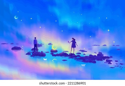 Fantasy Land Of Love For Couple With Sky And Ocean Anime Digital Art Illustration Painting Wallpaper