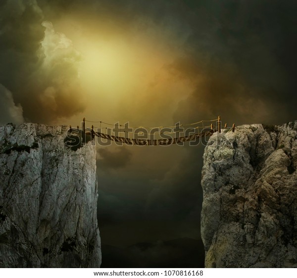 Fantasy landscape with cliffs and bridge.\
Photo manipulation. 3D\
rendering.