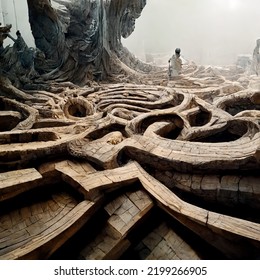 Fantasy Landscape, Epic Labyrinth Maze. Carved Wood Patterns And Textures. Epic Scene, Inspirational Environment. Photo Realistic, Cinematic Light, Concept Art, Digital Design