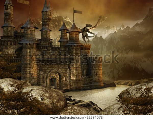 Fantasy Landscape Fairytale Castle Dragon Stock Illustration