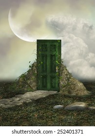 Fantasy Landscape In The Field With Magic Door