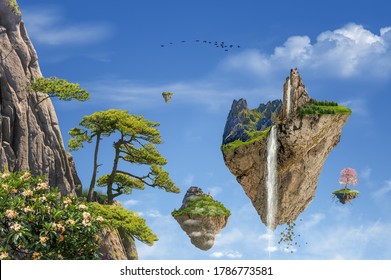 Fantasy landscape with floating islands in a beautiful day. Photomanipulation, illustration, 3D.