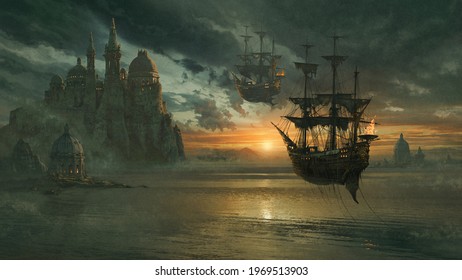 Fantasy Landscape With Flying Ship - 3D Illustration