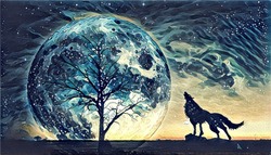 Fantasy Landscape Illustration Artwork - Howling Wolf And Bare Tree Silhouettes With Huge Planet Rising Behind In Starry Sky
