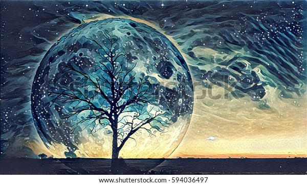 幻想的な風景イラスト作品 巨大な惑星が背景に 空には銀河が浮かび上がる 寂しい裸の木のシルエット のイラスト素材 594036497