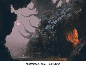 fantasy landscape with mystery cave,digital painting,illustration