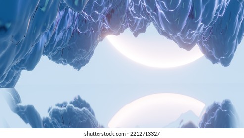 Fantasy Landscape Of Other World,  Ice Mountain Valley And Shining Planet And Blue Sky. Digital Painting 3d Rendering