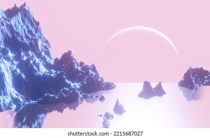 Fantasy Landscape Of Other World, Ice Mountain Valley And Shining Planet And Pink Sky. Digital Painting 3d Rendering