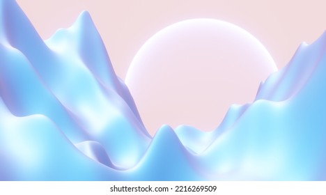 Fantasy Landscape Of Other World, Ice Mountain Valley And Shining Planet. Digital Painting 3d Rendering