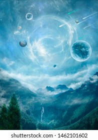 Fantasy landscape with planets and nebulas. 3D rendering. Photomanipulation.