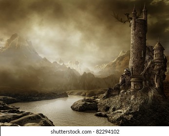 Fantasy Landscape With A Tower By The River And A Dragon