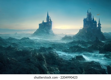 Fantasy landscape view on castles surrounded by sea - Shutterstock ID 2204990423