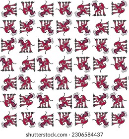 Fantasy linear art dragon drawing motif red   white pattern