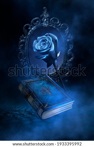 Fantasy magic dark background with a magic rose, flower, old book, old iron mirror. Smoke, smog, night view of a dark street. Reflection of blue neon light. Magic, fortune telling. 3D illustration 