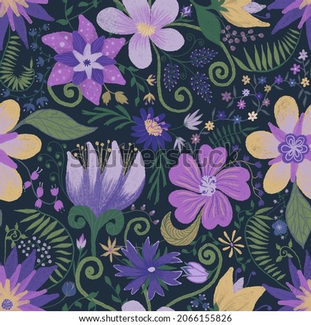 Fantasy magic garden seamless repeating pattern. Handdrawn backgroung illustration. Floral textile design.